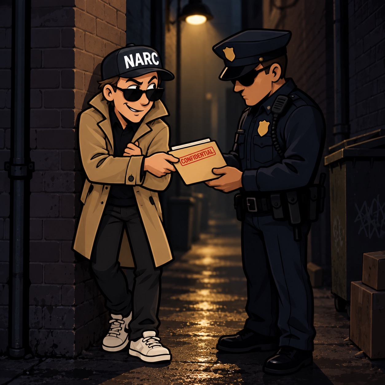 The narc, in a trench coat and a NARC cap, handing a CONFIDENTIAL folder to a police officer in a dark alley